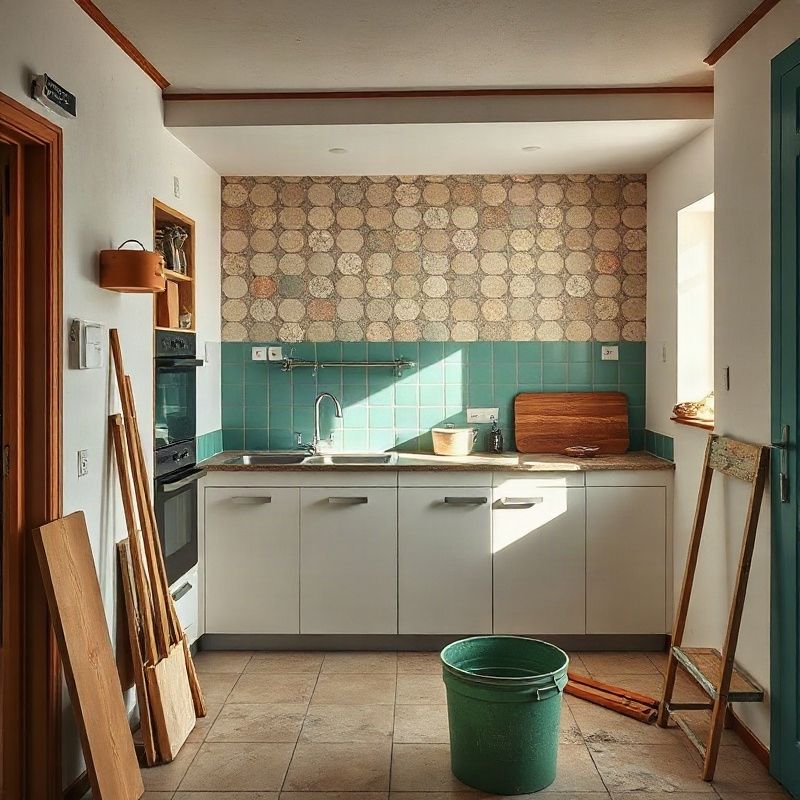 Renovacija kuhinje u tijeku – polovica prostora završena, sa svježe zelenim akcentnim zidom
